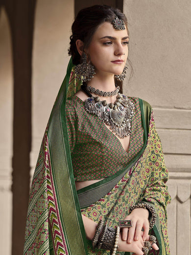 Lovely Green Patola Printed Silk Festival Wear Saree With Blouse